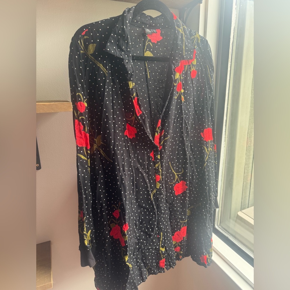 Volcom Black Shirt Dress with Red Floral and White Dots